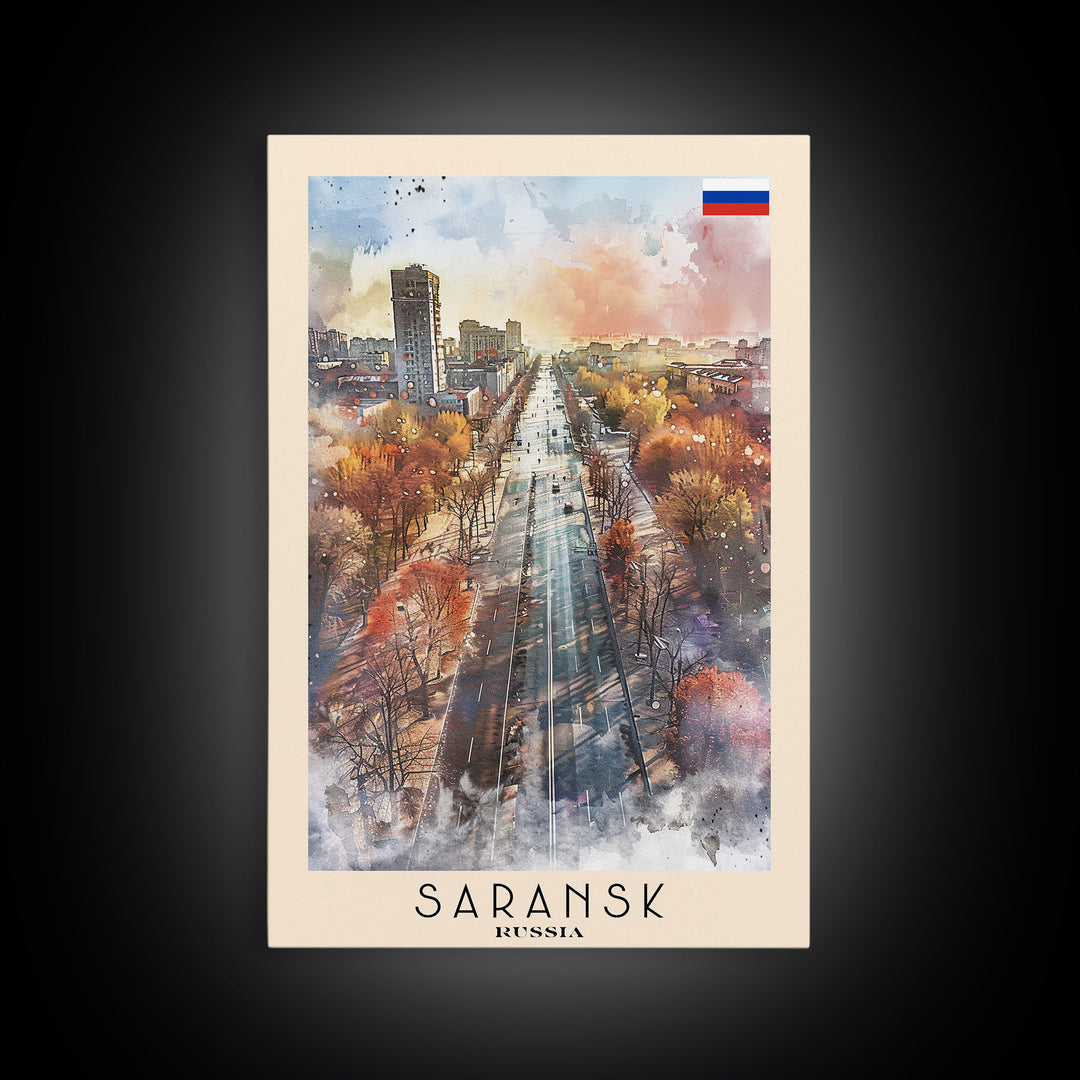 Saransk Russia Travel Poster Framed Canvas Print, Watercolor Painting, Urban Wall Art, Home Decor, Russian Cityscape, Modern Decor