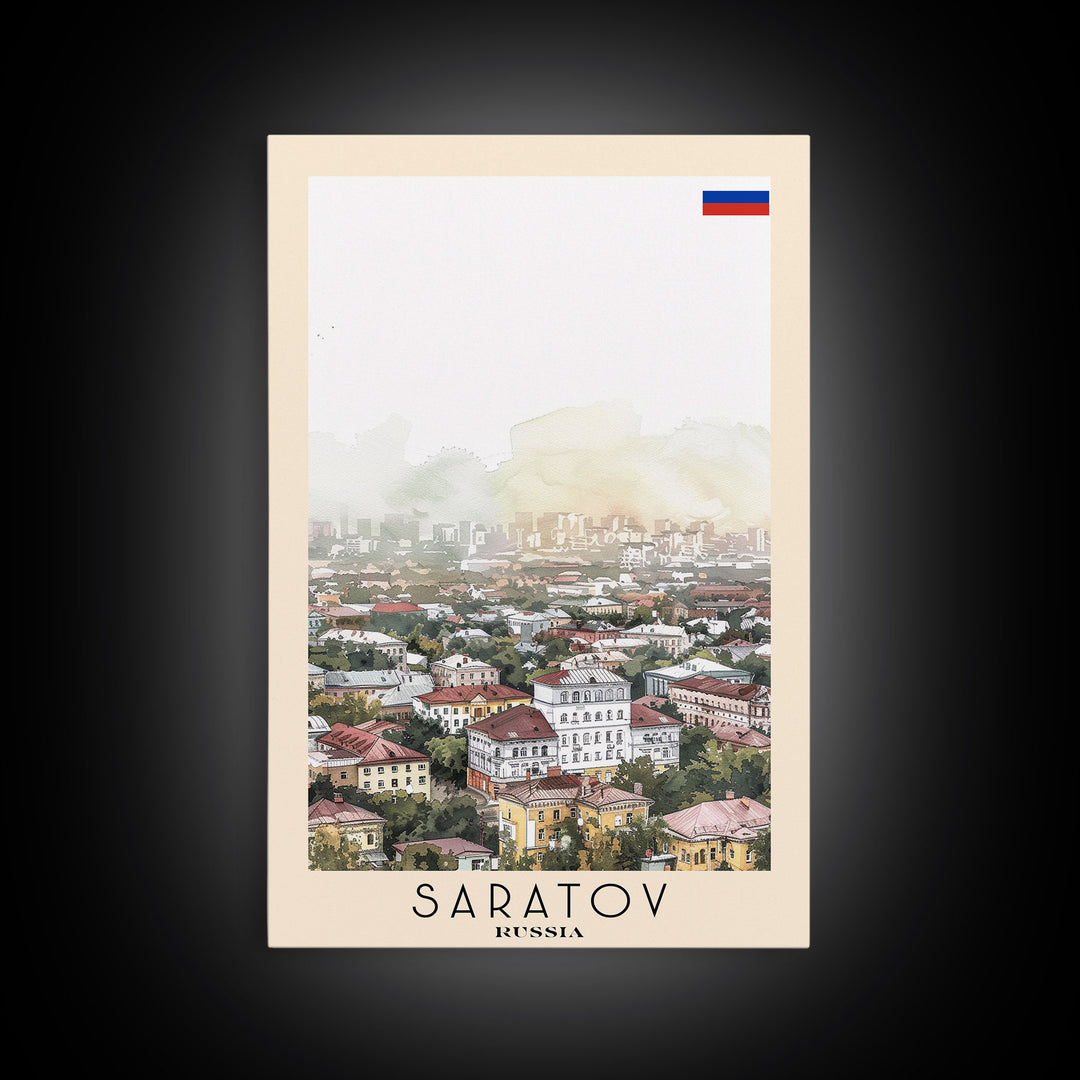 Saratov Russia Travel Poster Framed Canvas Print, Watercolor Painting, Scenic Wall Art, Home Decor, Russian Landscape, Vibrant Decor