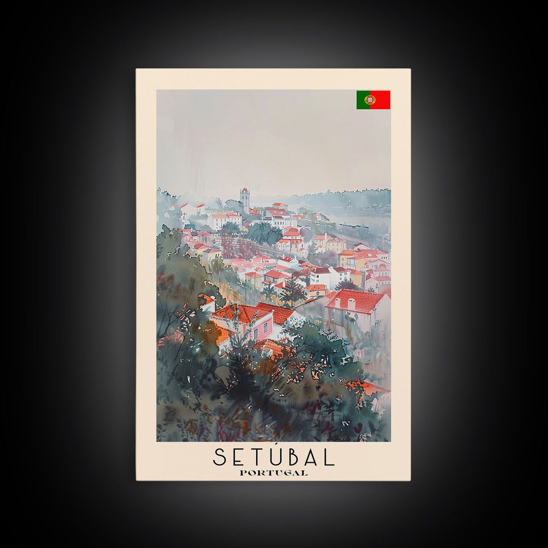 Setubal Portugal Travel Poster Framed Canvas Print, Watercolor Painting, Coastal Wall Art, Home Decor, Portuguese Seaside, Artistic Art