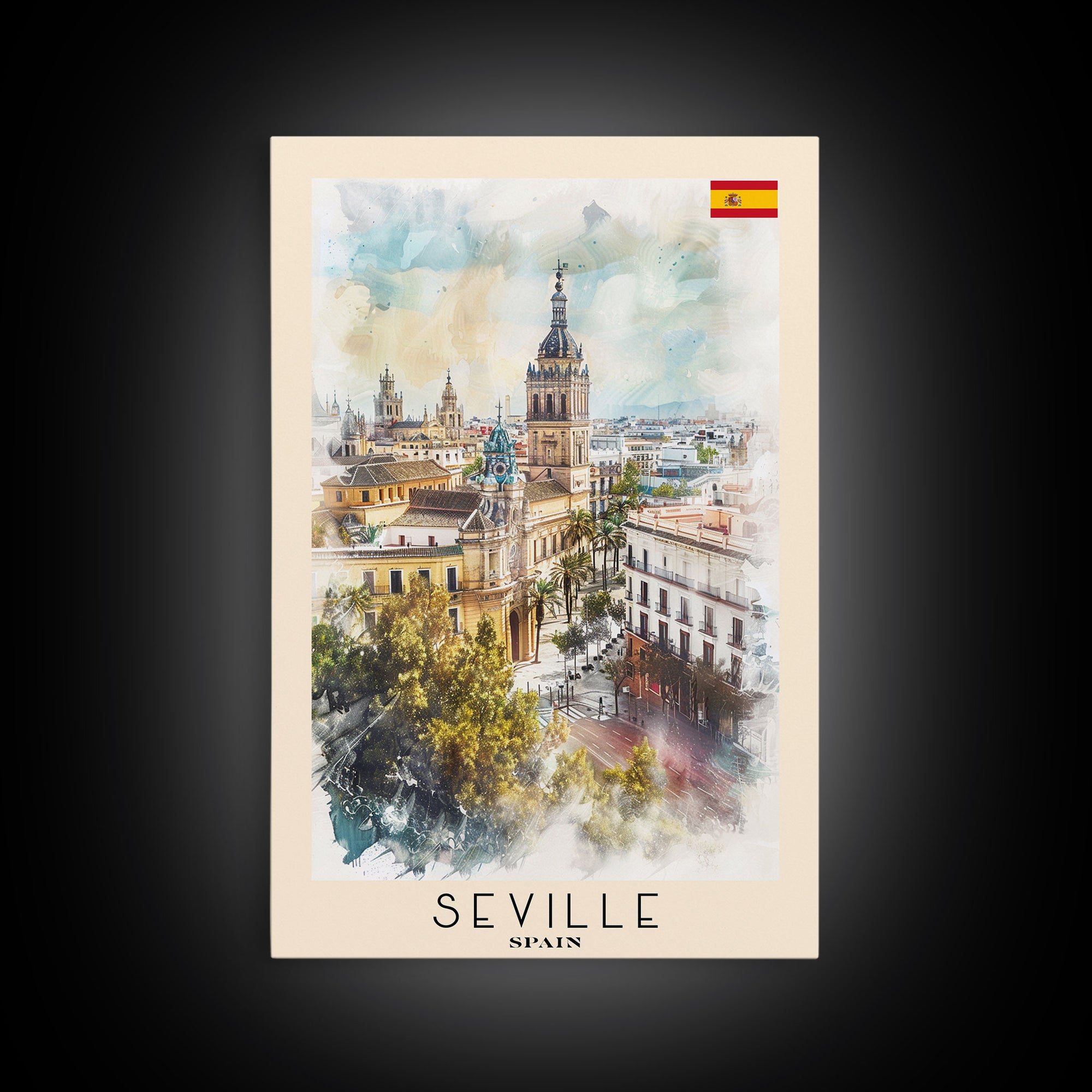 Seville Spain Travel Poster Framed Canvas Print, Watercolor Painting, Historic Wall Art, Home Decor, Spanish Architecture, Vibrant Decor
