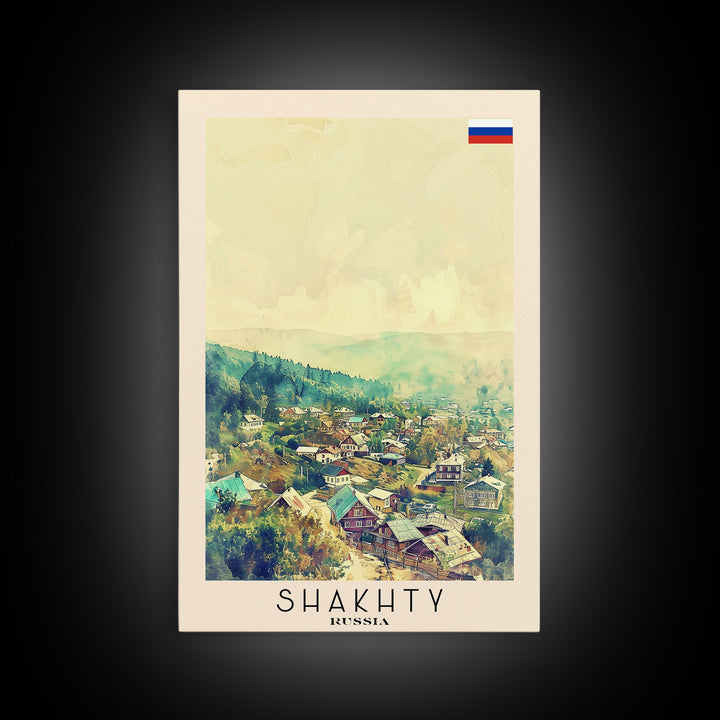 Shakhty Russia Travel Poster Framed Canvas Print, Watercolor Painting, Urban Wall Art, Home Decor, Russian Cityscape, Modern Art