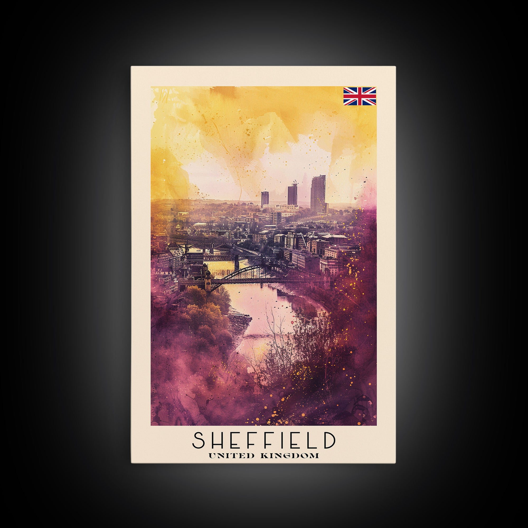 Sheffield United Kingdom Travel Poster Framed Canvas Print, Watercolor Painting, Urban Wall Art, Home Decor, British Cityscape, Artistic Decor