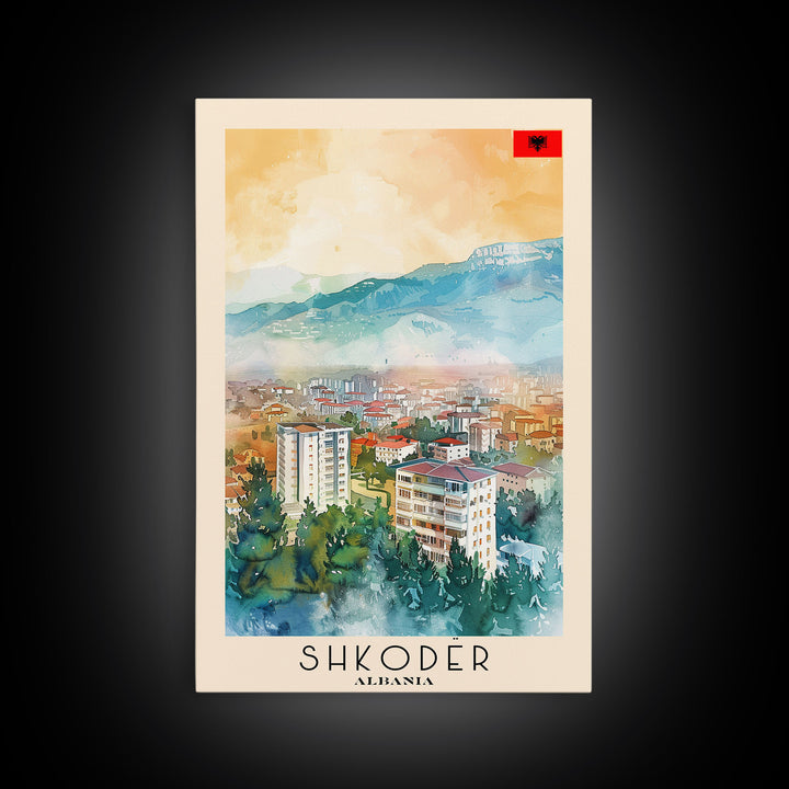Shkoder Albania Travel Poster Framed Canvas Print, Watercolor Painting, Scenic Wall Art, Home Decor, Albanian Landscape, Classic Art