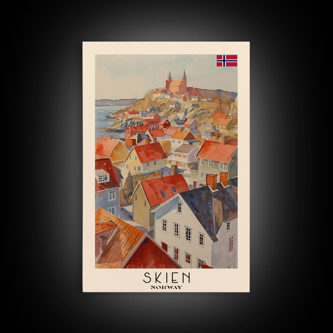 Skien Norway Travel Poster Framed Canvas Print, Watercolor Painting, Scenic Wall Art, Home Decor, Norwegian Landscape, Vibrant Art