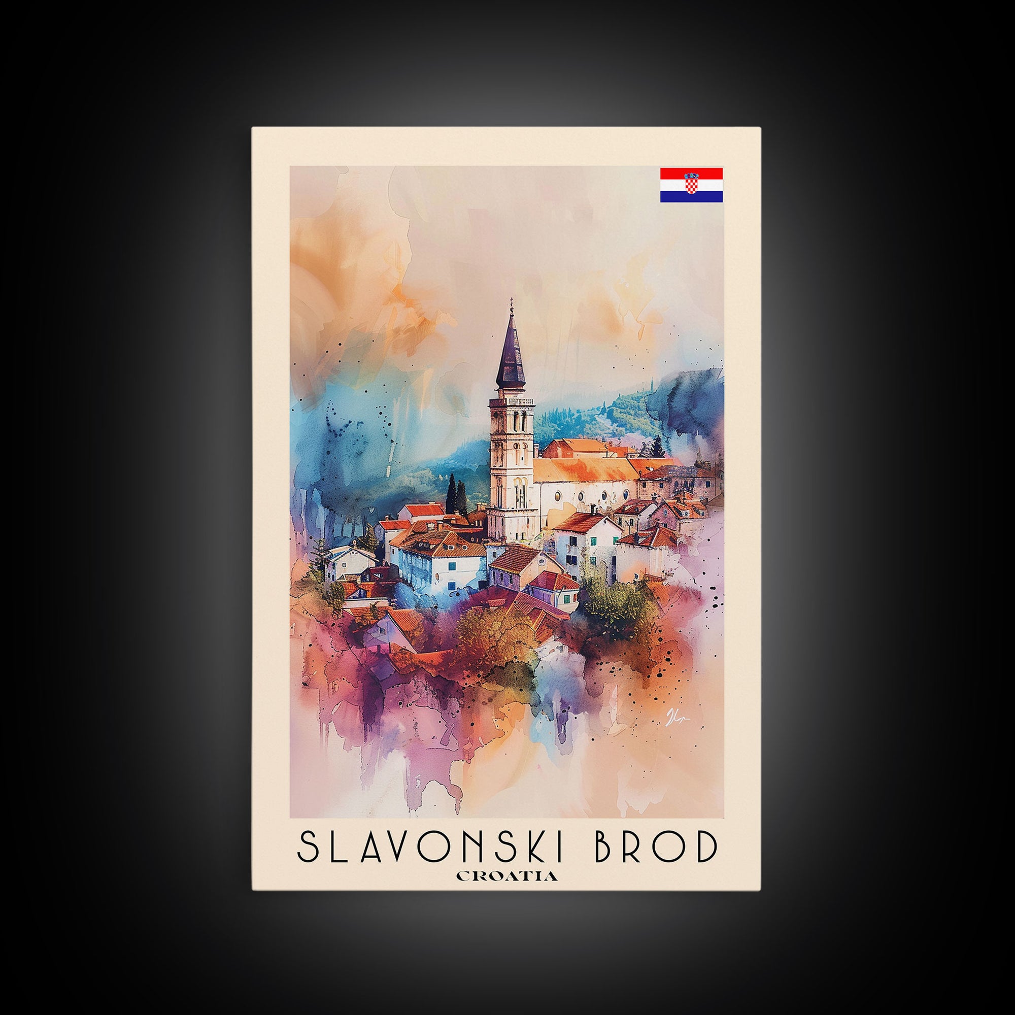 Slavonski Brod Croatia Travel Poster Framed Canvas Print, Watercolor Painting, Scenic Wall Art, Home Decor, Croatian Cityscape, Classic Art
