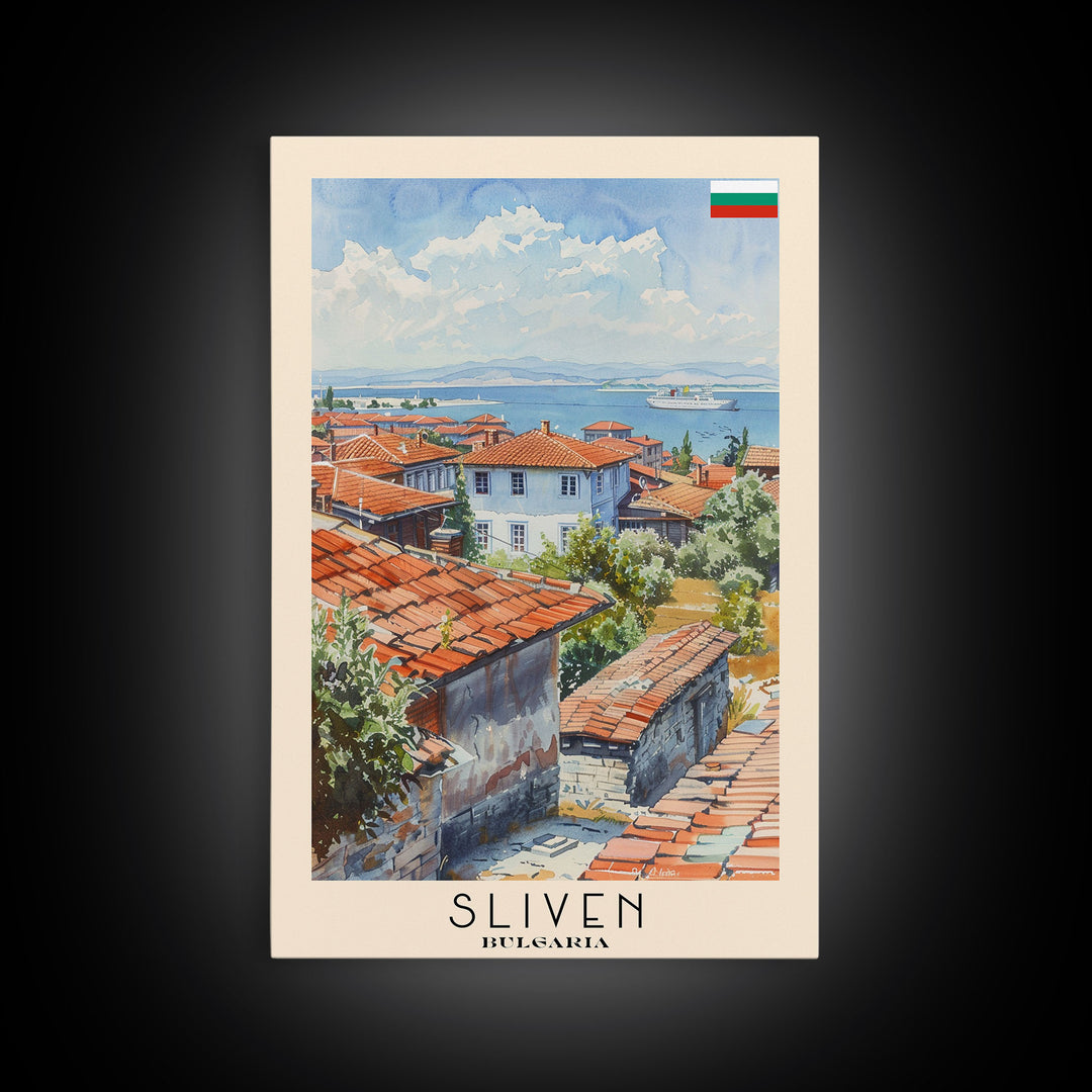 Sliven Bulgaria Travel Poster Framed Canvas Print, Watercolor Painting, Scenic Wall Art, Home Decor, Bulgarian Landscape, Artistic Decor