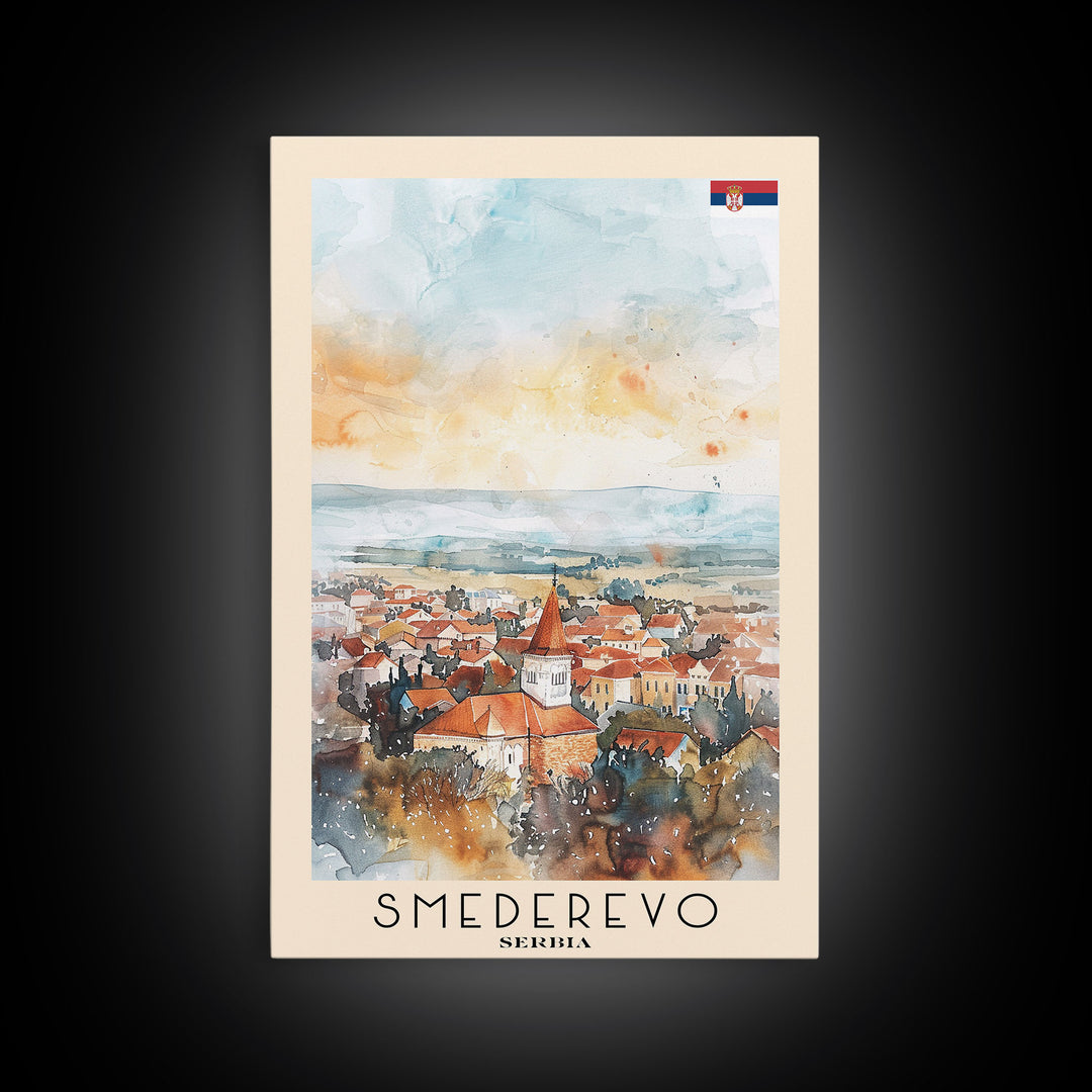 Smederevo Serbia Travel Poster Framed Canvas Print, Watercolor Painting, Scenic Wall Art, Home Decor, Serbian Cityscape, Modern Art