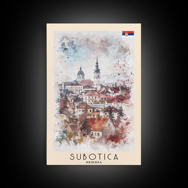 Subotica Serbia Travel Poster Framed Canvas Print, Watercolor Painting, Scenic Wall Art, Home Decor, Serbian Landscape, Vibrant Decor