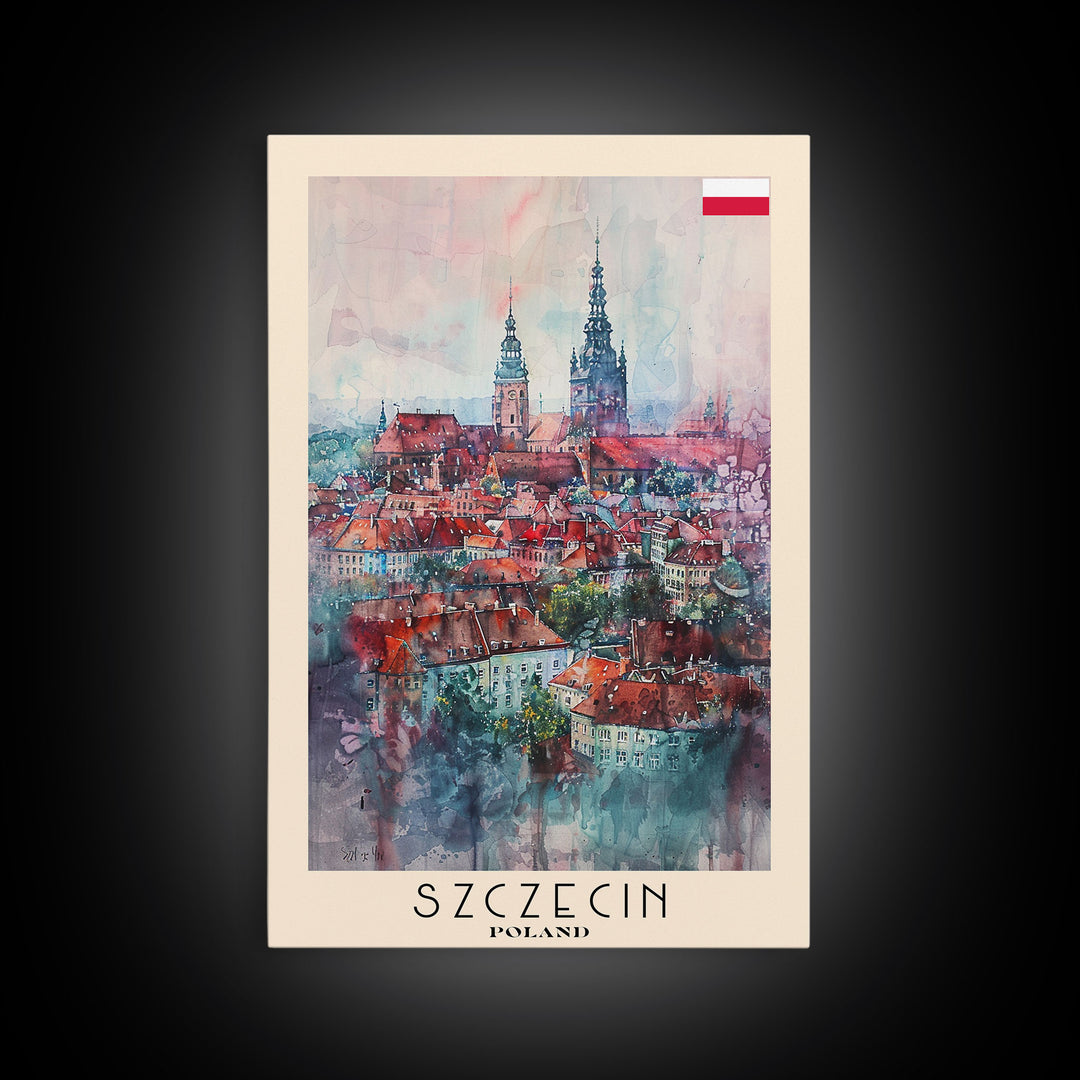 Szczecin Poland Travel Poster Framed Canvas Print, Watercolor Painting, Urban Wall Art, Home Decor, Polish Cityscape, Modern Decor