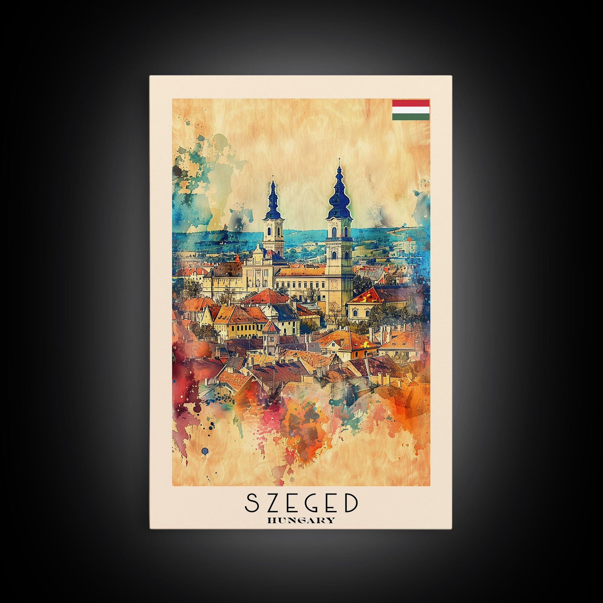 Szeged Hungary Travel Poster Framed Canvas Print, Watercolor Painting, Scenic Wall Art, Home Decor, Hungarian Cityscape, Vibrant Art