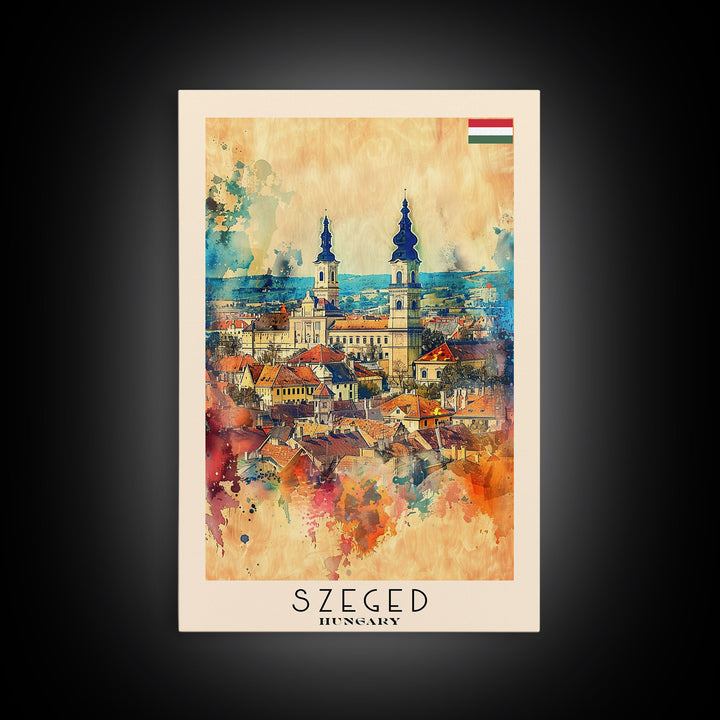 Szeged Hungary Travel Poster Framed Canvas Print, Watercolor Painting, Scenic Wall Art, Home Decor, Hungarian Cityscape, Vibrant Art