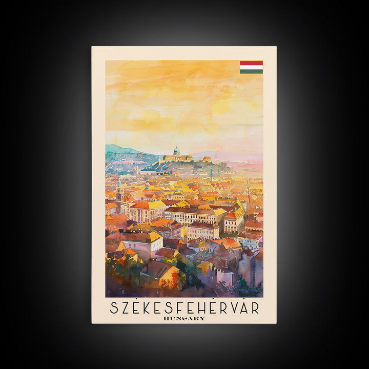 Szkesfehrvar Hungary Travel Poster Framed Canvas Print, Watercolor Painting, Scenic Wall Art, Home Decor, Hungarian Architecture, Artistic Decor