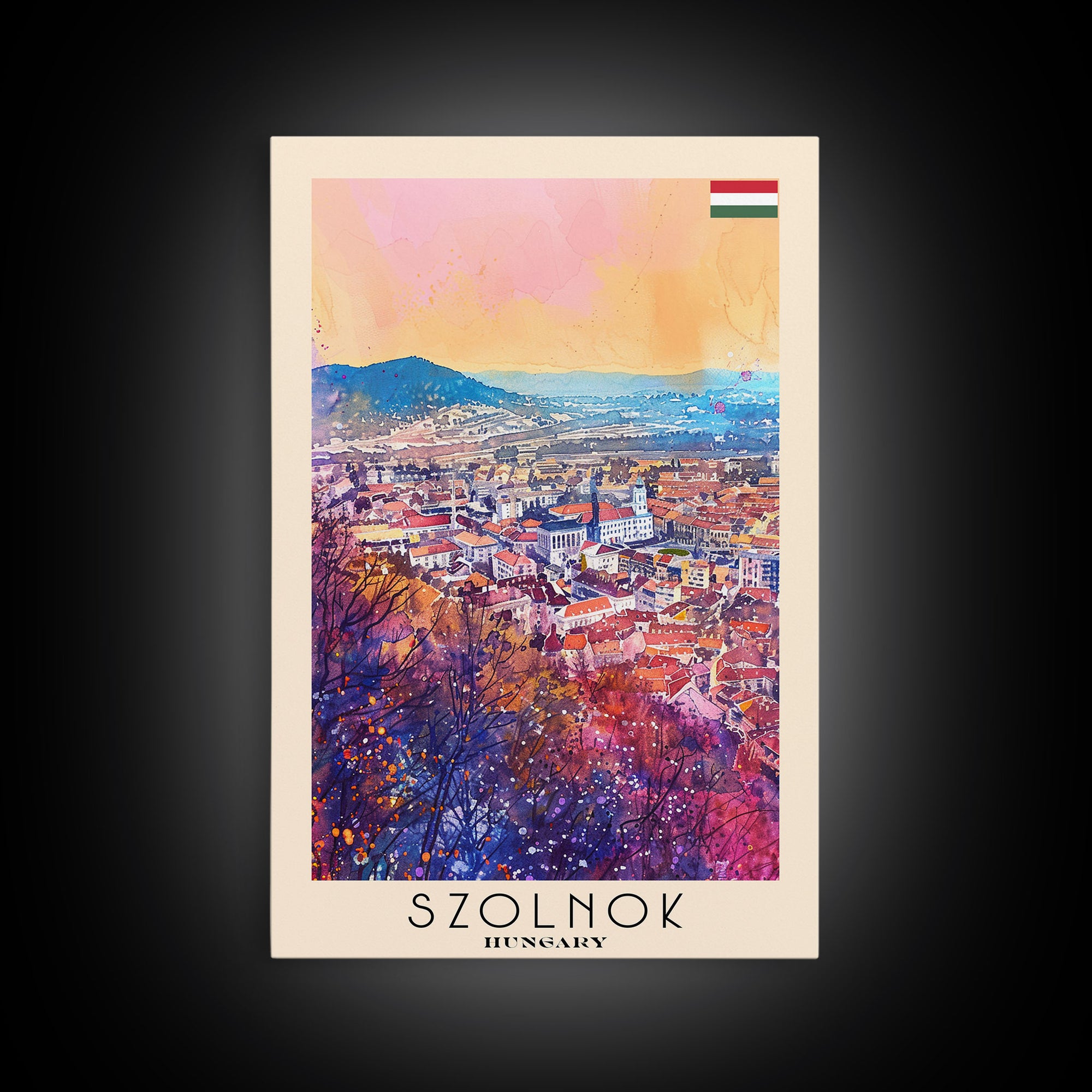 Szolnok Hungary Travel Poster Framed Canvas Print, Watercolor Painting, Scenic Wall Art, Home Decor, Hungarian Landscape, Traditional Art