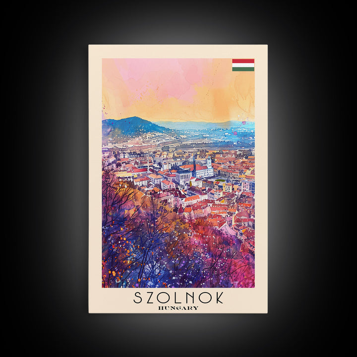 Szolnok Hungary Travel Poster Framed Canvas Print, Watercolor Painting, Scenic Wall Art, Home Decor, Hungarian Landscape, Traditional Art