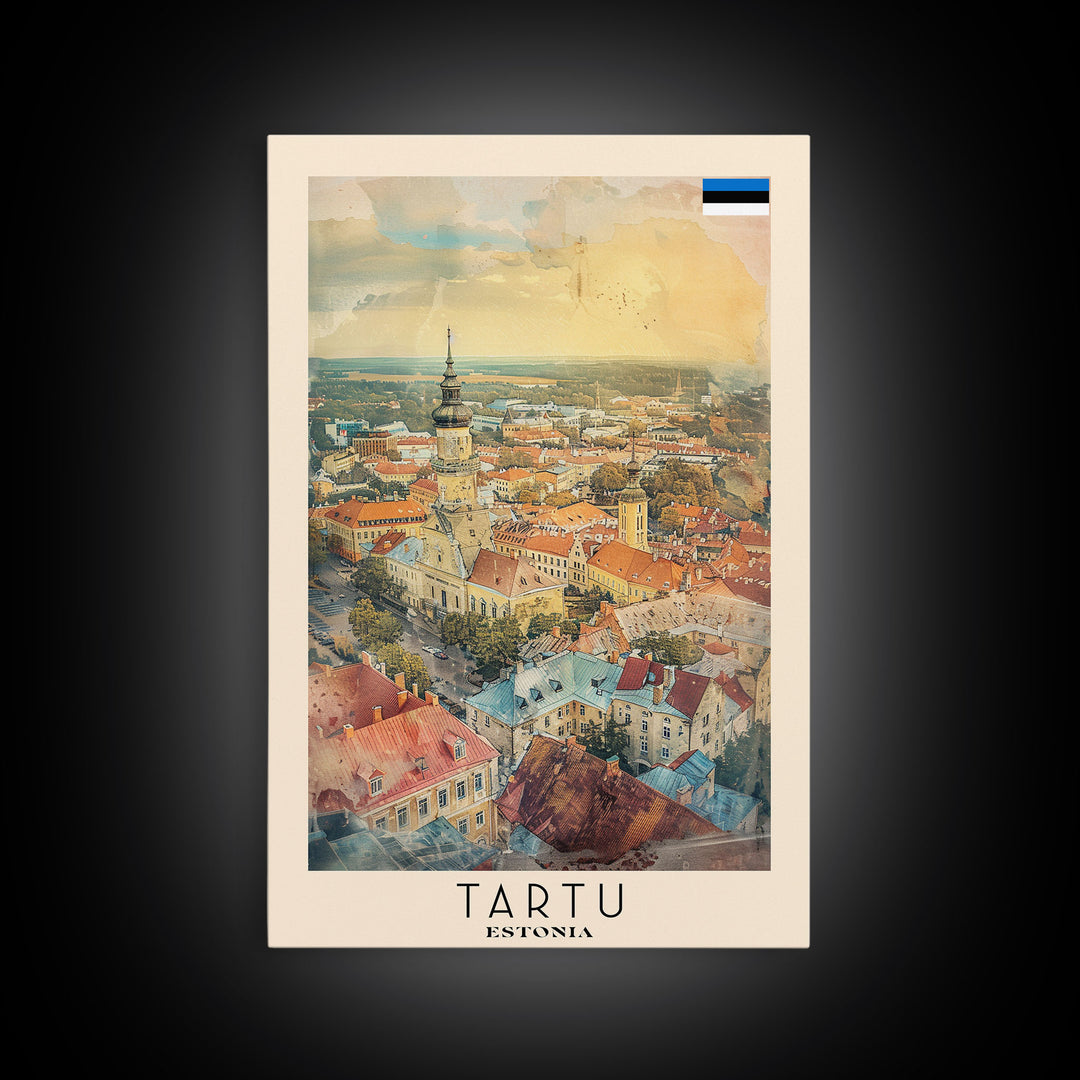 Tartu Estonia Travel Poster Framed Canvas Print, Watercolor Painting, Scenic Wall Art, Home Decor, Estonian Cityscape, Modern Decor