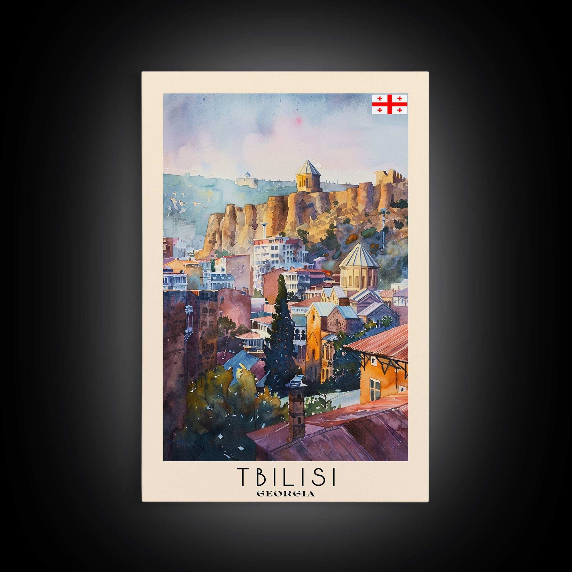 Tbilisi Georgia Travel Poster Framed Canvas Print, Watercolor Painting, Urban Wall Art, Home Decor, Georgian Cityscape, Artistic Decor
