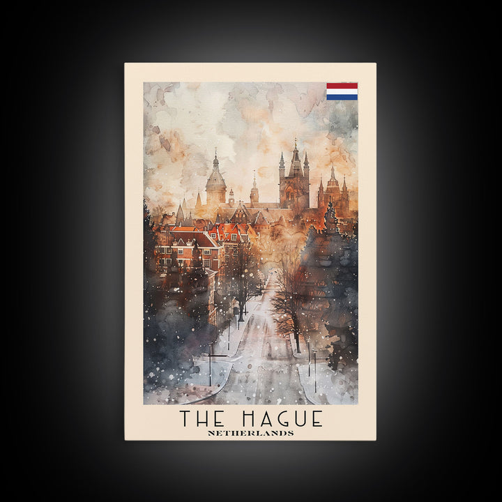 The Hague Netherlands Travel Poster Framed Canvas Print, Watercolor Painting, Scenic Wall Art, Home Decor, Dutch Cityscape, Artistic Art