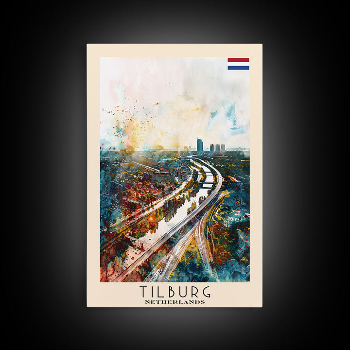 Tilburg Netherlands Travel Poster Framed Canvas Print, Watercolor Painting, Urban Wall Art, Home Decor, Dutch Cityscape, Trendy Decor