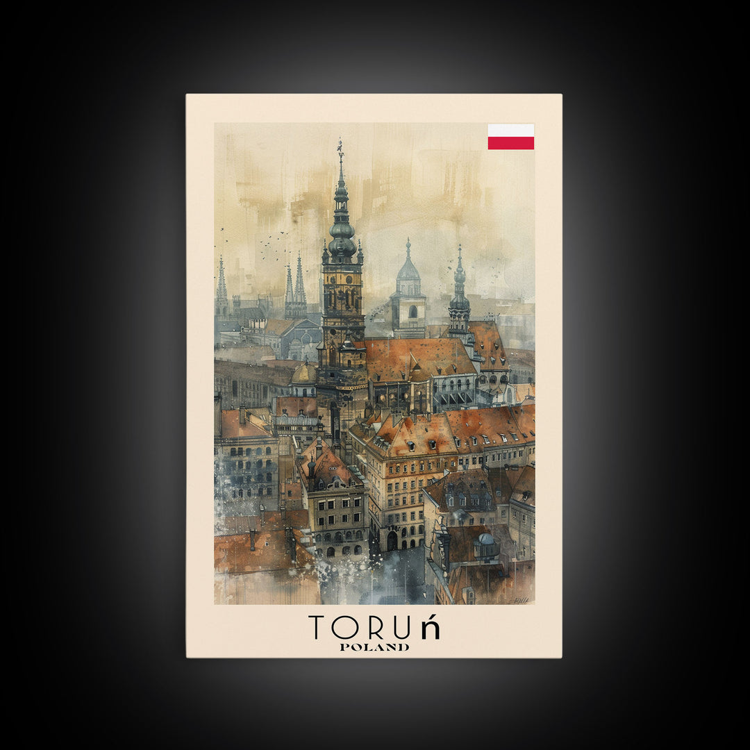 Torun Poland Travel Poster Framed Canvas Print, Watercolor Painting, Historic Wall Art, Home Decor, Polish Cityscape, Medieval Art