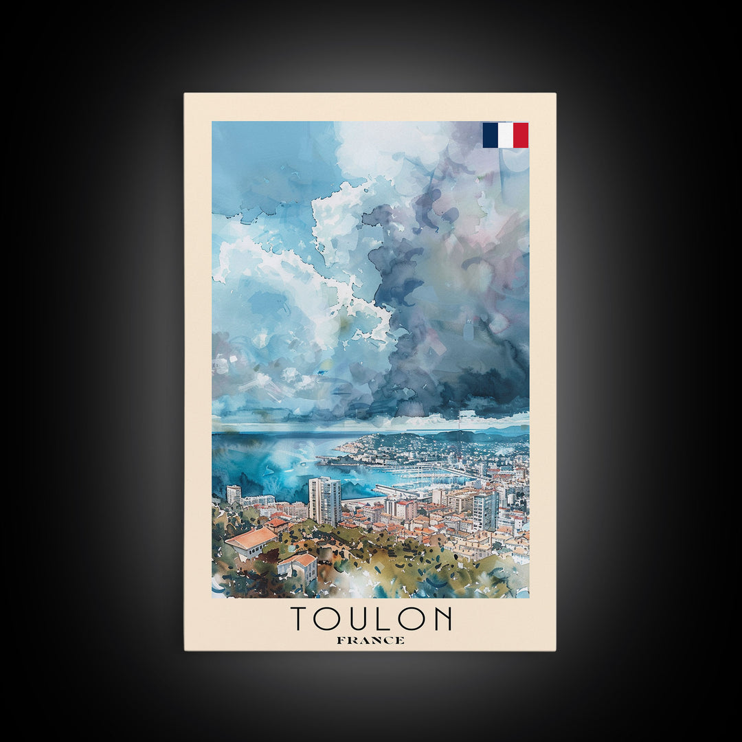 Toulon France Travel Poster Framed Canvas Print, Watercolor Painting, Coastal Wall Art, Home Decor, French Seaside, Nautical Decor