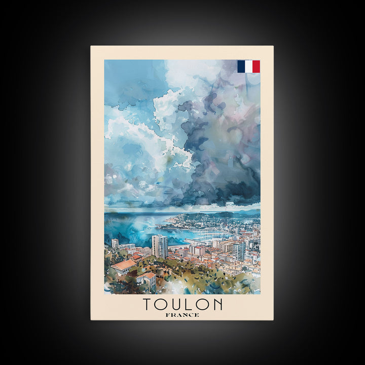 Toulon France Travel Poster Framed Canvas Print, Watercolor Painting, Coastal Wall Art, Home Decor, French Seaside, Nautical Decor