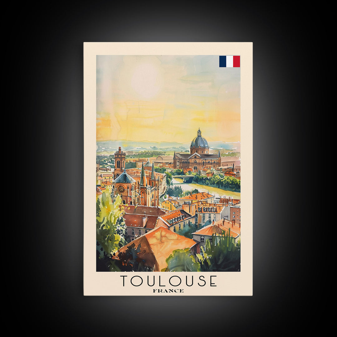 Toulouse France Travel Poster Framed Canvas Print, Watercolor Painting, Urban Wall Art, Home Decor, French Architecture, Stylish Decor