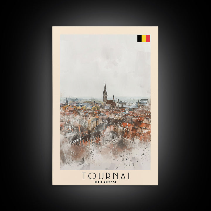 Tournai Belgium Travel Poster Framed Canvas Print, Watercolor Painting, Historic Wall Art, Home Decor, Belgian Cityscape, Heritage Art