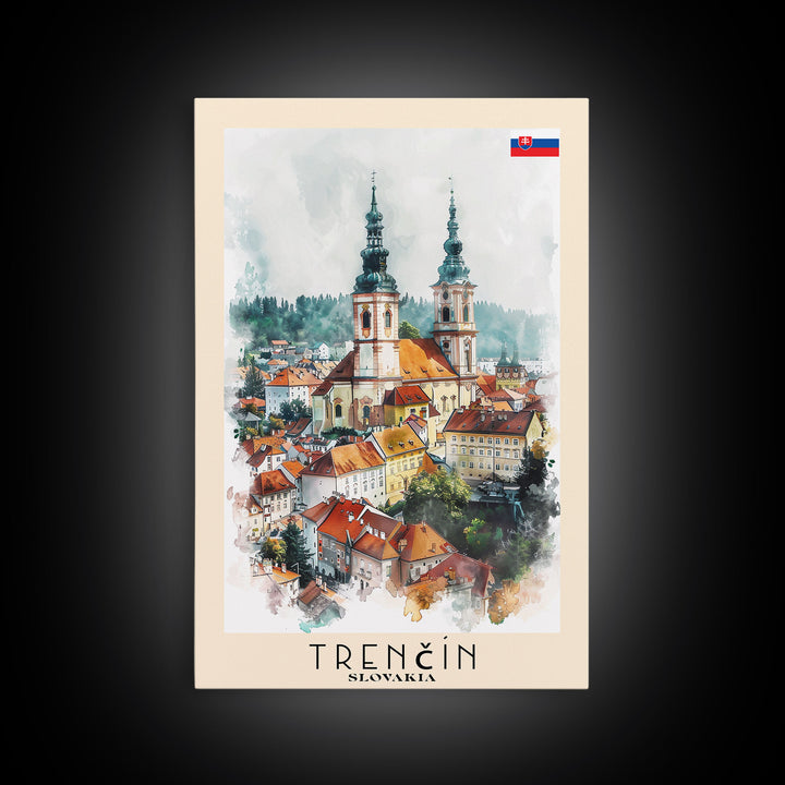 Trencin Slovakia Travel Poster Framed Canvas Print, Watercolor Painting, Scenic Wall Art, Home Decor, Slovakian Landscape, Alpine Decor