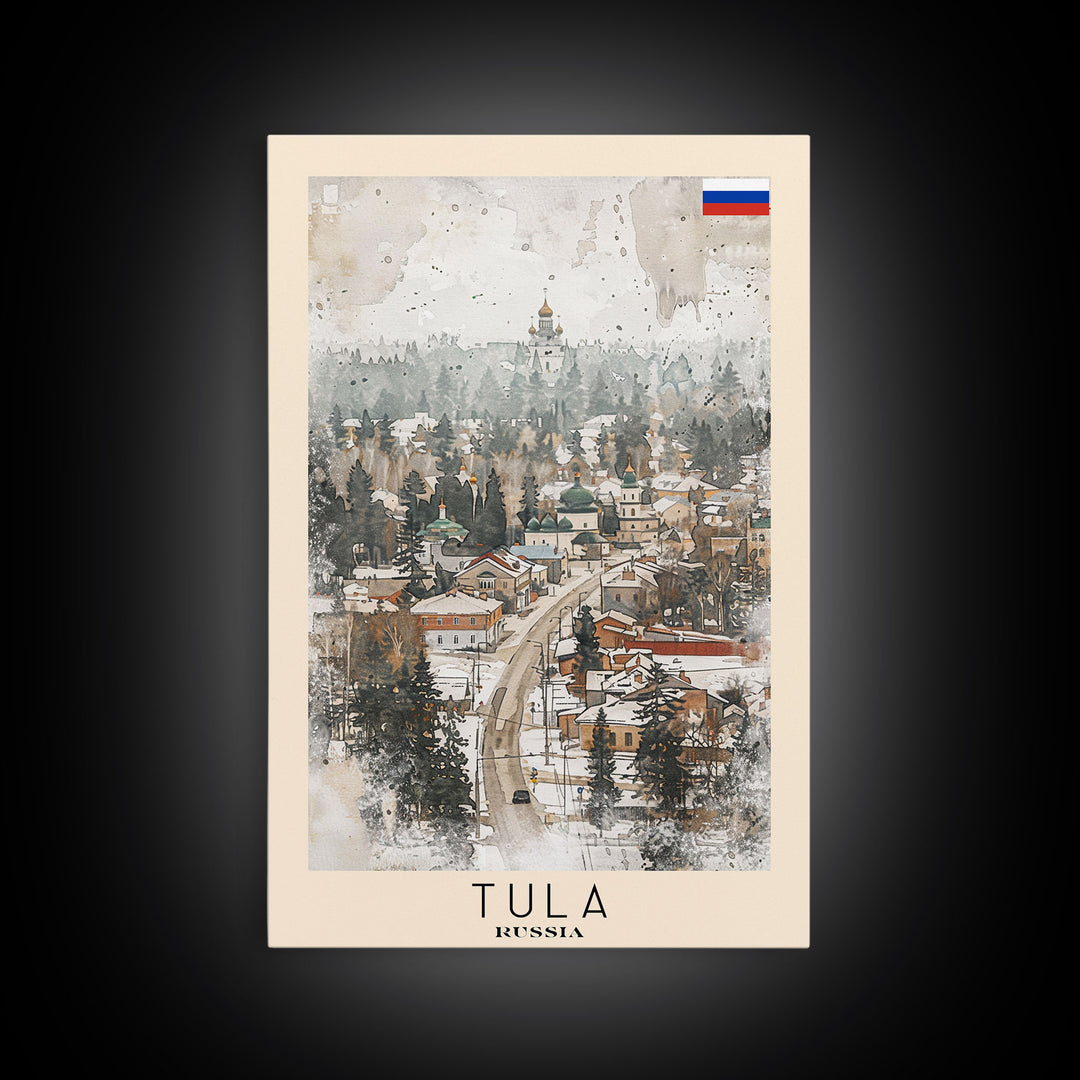 Tula Russia Travel Poster Framed Canvas Print, Watercolor Painting, Urban Wall Art, Home Decor, Russian Cityscape, Classic Art