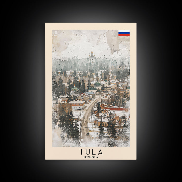 Tula Russia Travel Poster Framed Canvas Print, Watercolor Painting, Urban Wall Art, Home Decor, Russian Cityscape, Classic Art