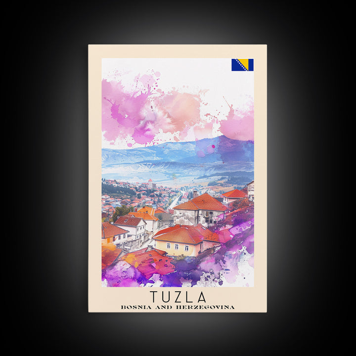 Tuzla Bosnia Travel Poster Framed Canvas Print, Watercolor Painting, Scenic Wall Art, Home Decor, Bosnian Landscape, Unique Art