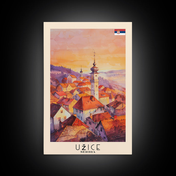 Uice Serbia Travel Poster Framed Canvas Print, Watercolor Painting, Scenic Wall Art, Home Decor, Serbian Landscape, Heritage Art