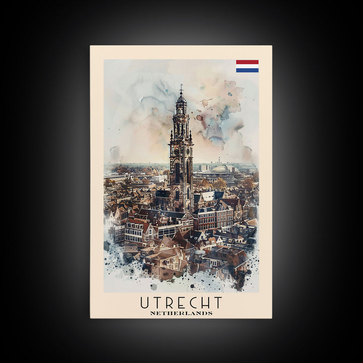 Utrecht Netherlands Travel Poster Framed Canvas Print, Watercolor Painting, Urban Wall Art, Home Decor, Dutch Cityscape, Trendy Art
