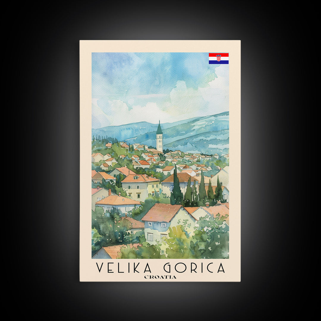 Velika Gorica Croatia Travel Poster Framed Canvas Print, Watercolor Painting, Urban Wall Art, Home Decor, Croatian Cityscape, Vibrant Art