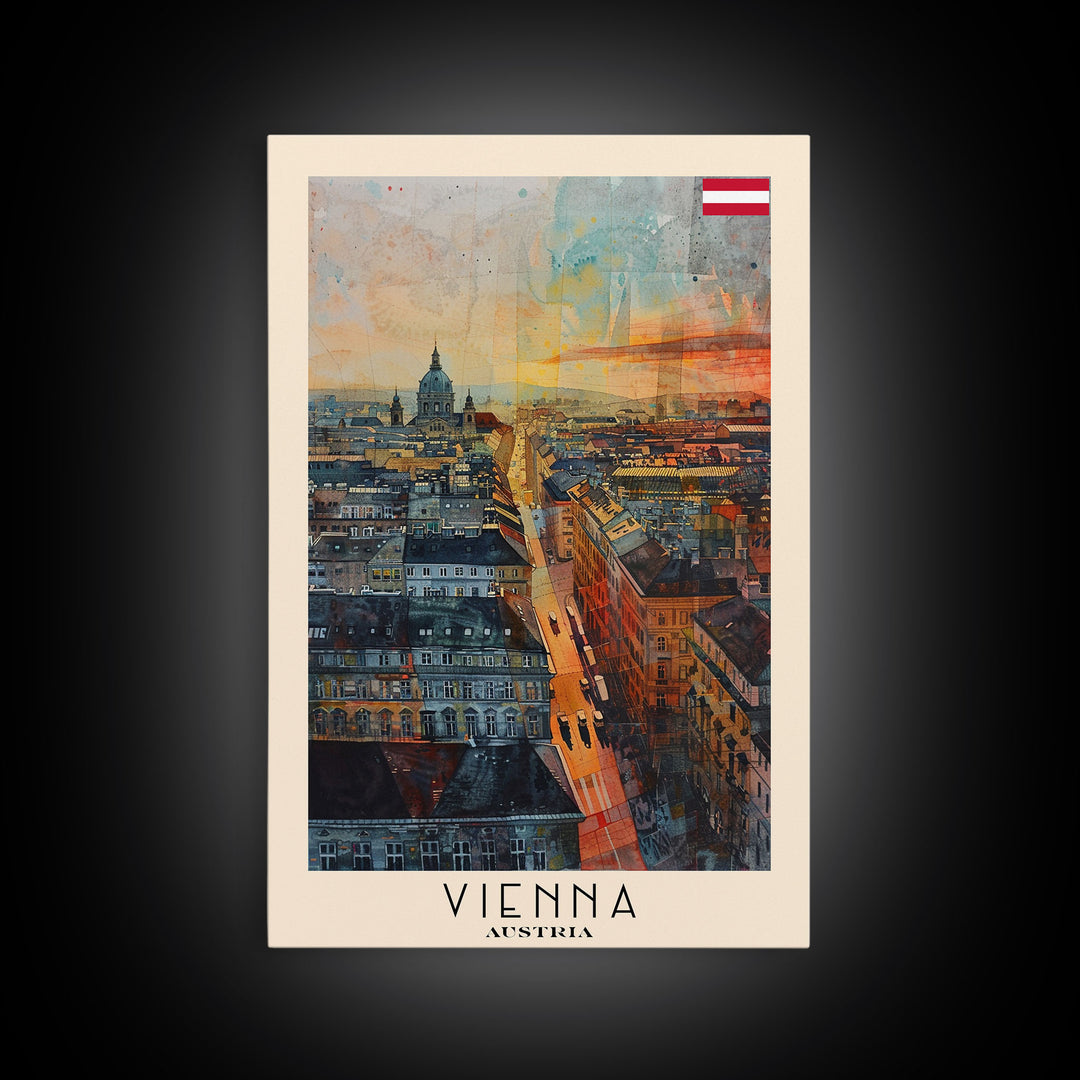 Vienna Austria Travel Poster Framed Canvas Print, Watercolor Painting, Historic Wall Art, Home Decor, Austrian Cityscape, Elegant Decor