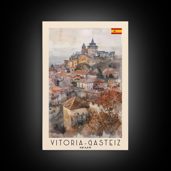 Vitoria Gasteiz Spain Travel Poster Framed Canvas Print, Watercolor Painting, Urban Wall Art, Home Decor, Spanish Cityscape, Trendy Art