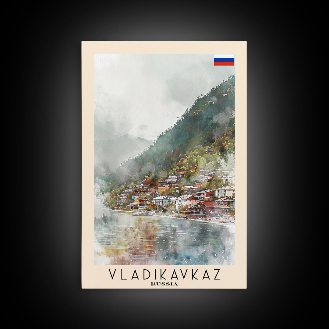 Vladikavkaz Russia Travel Poster Framed Canvas Print, Watercolor Painting, Scenic Wall Art, Home Decor, Russian Landscape, Vibrant Decor