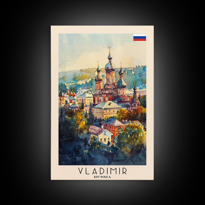 Vladimir Russia Travel Poster Framed Canvas Print, Watercolor Painting, Historic Wall Art, Home Decor, Russian Architecture, Classic Decor