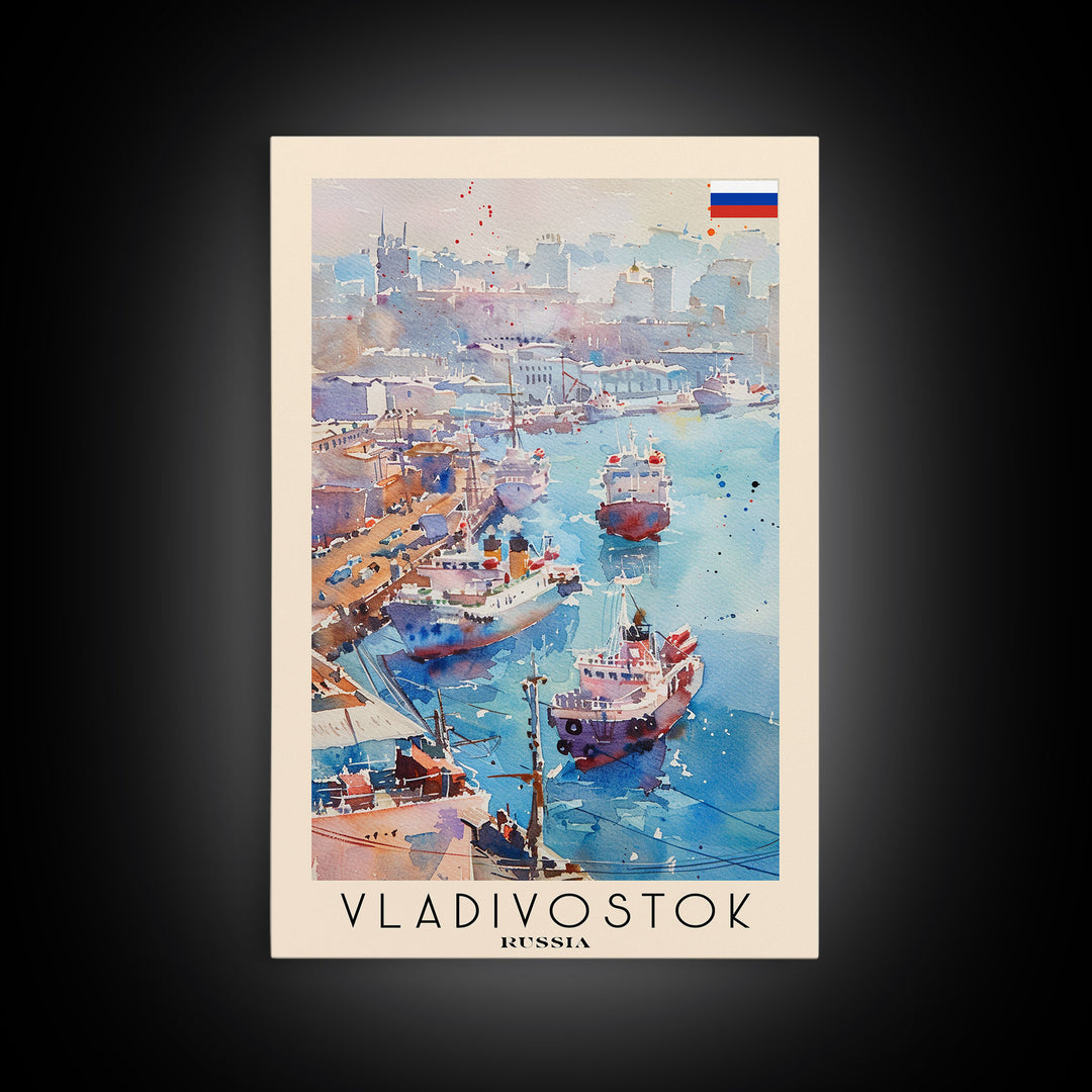 Vladivostok Russia Travel Poster Framed Canvas Print, Watercolor Painting, Coastal Wall Art, Home Decor, Russian Seaside, Nautical Art