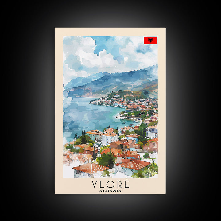 Vlor Albania Travel Poster Framed Canvas Print, Watercolor Painting, Scenic Wall Art, Home Decor, Albanian Landscape, Exotic Decor
