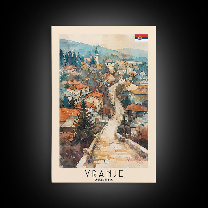 Vranje Serbia Travel Poster Framed Canvas Print, Watercolor Painting, Scenic Wall Art, Home Decor, Serbian Landscape, Traditional Art