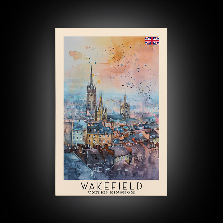 Wakefield United Kingdom Travel Poster Framed Canvas Print, Watercolor Painting, Urban Wall Art, Home Decor, British Cityscape, Elegant Decor