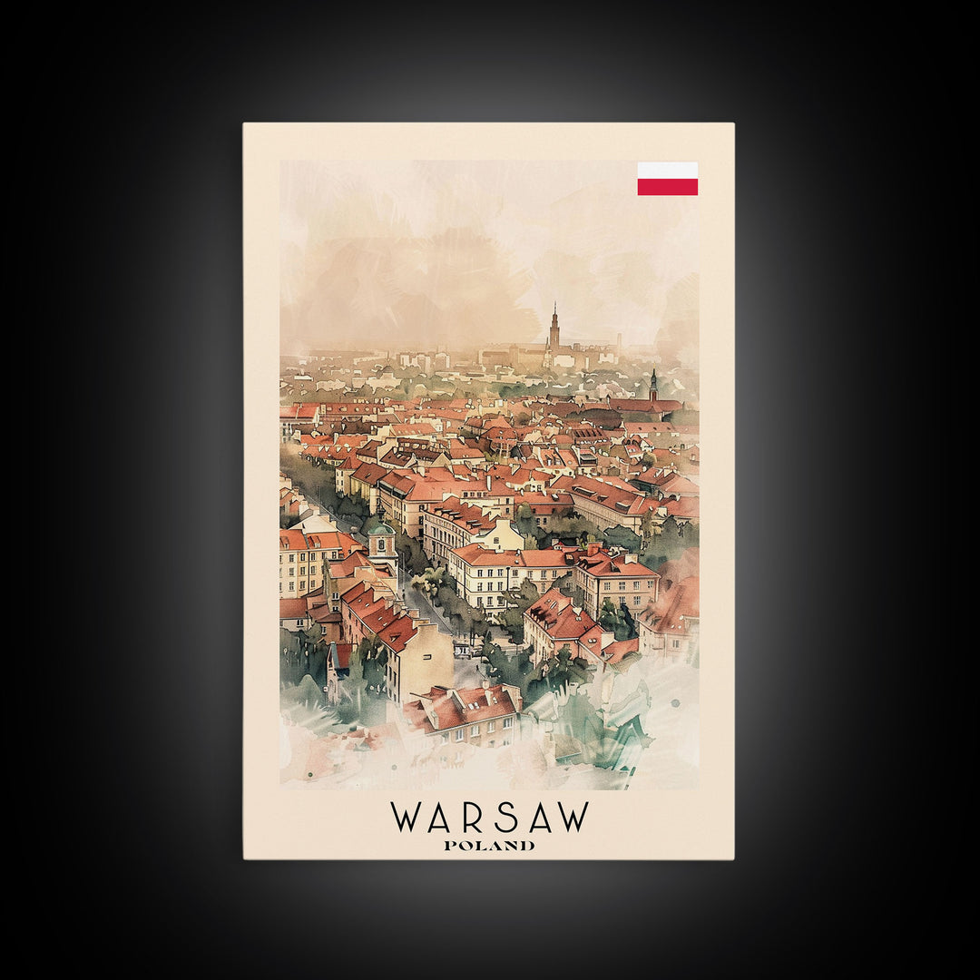 Warsaw Poland Travel Poster Framed Canvas Print, Watercolor Painting, Historic Wall Art, Home Decor, Polish Cityscape, Unique Gift Idea
