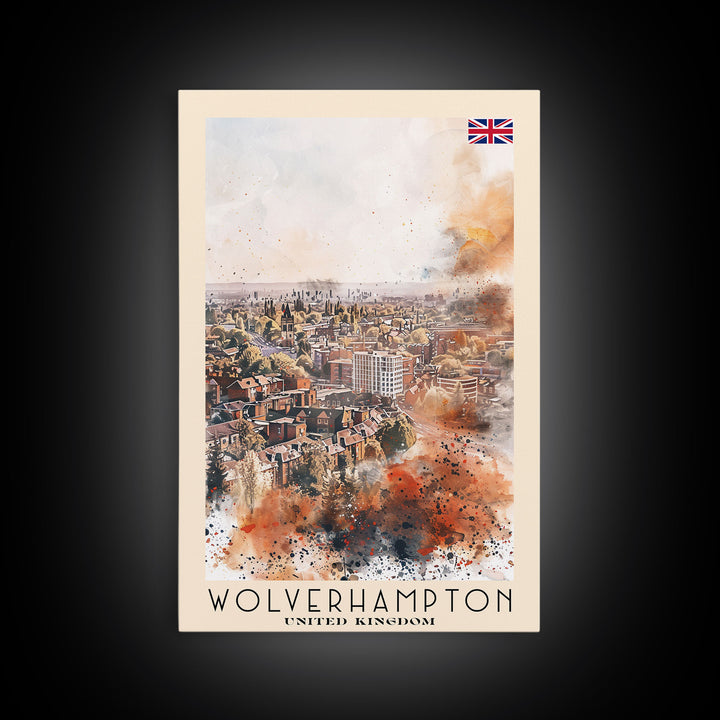Wolverhampton United Kingdom Travel Poster Framed Canvas Print, Watercolor Painting, Urban Wall Art, Home Decor, British Cityscape, Gift for Art Lovers