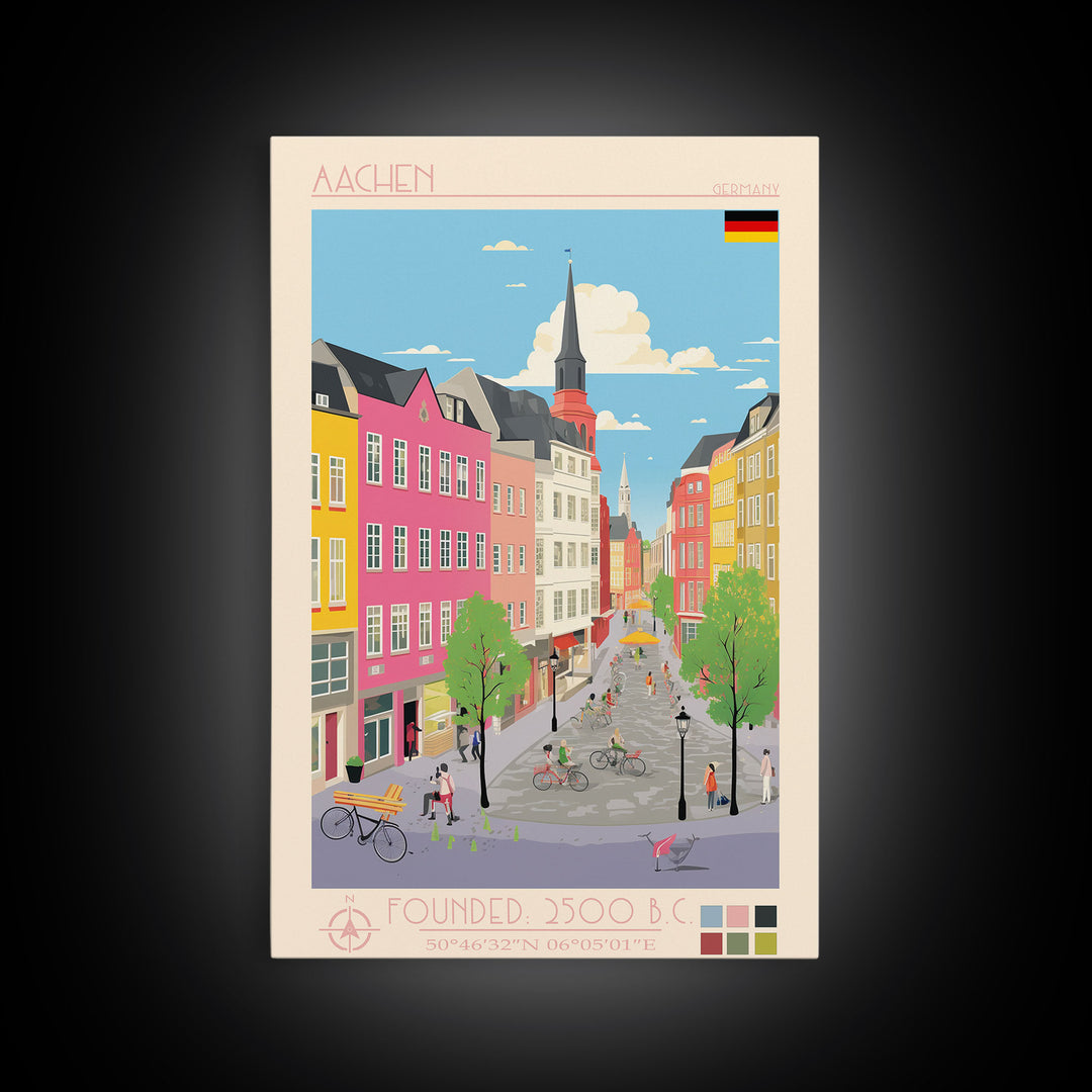 Aachen Germany Travel Poster Framed Canvas Print, Midcentury Modern Wall Art, Pop Art Home Decor, Vacation Gift, Living Room Art, Architectural Print