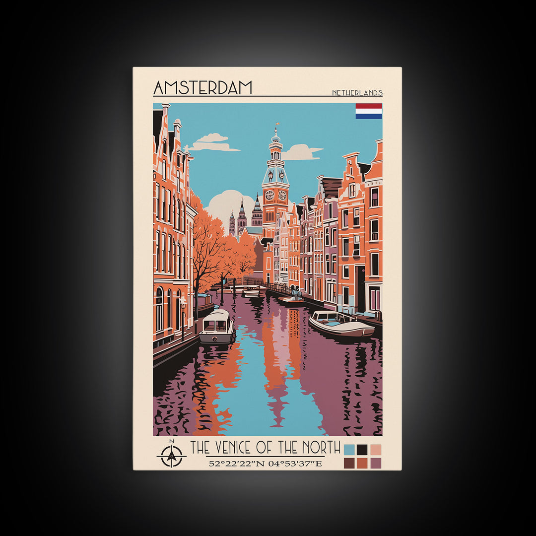 Amsterdam Netherlands Travel Poster Framed Canvas Print, Midcentury Modern Art, Pop Art Decor, Wall Art, Vacation Gift, Living Room Decoration, Scenic Print