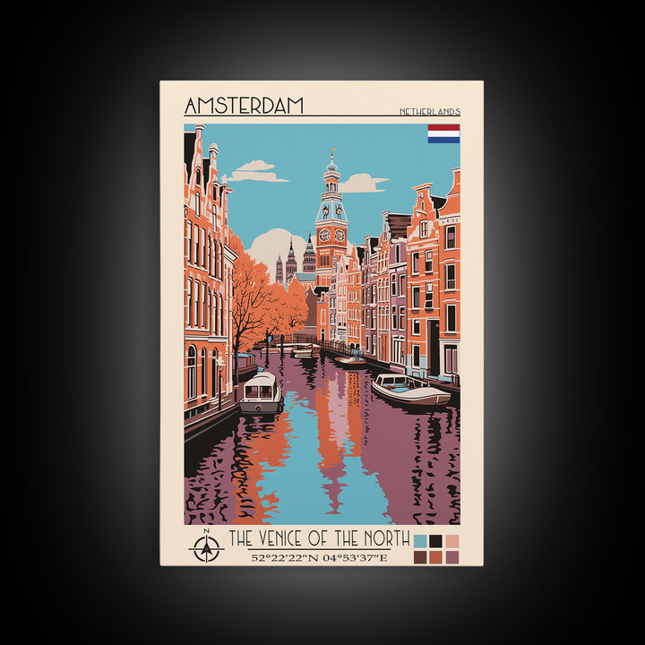 Amsterdam Netherlands Travel Poster Framed Canvas Print, Midcentury Modern Art, Pop Art Decor, Wall Art, Vacation Gift, Living Room Decoration, Scenic Print