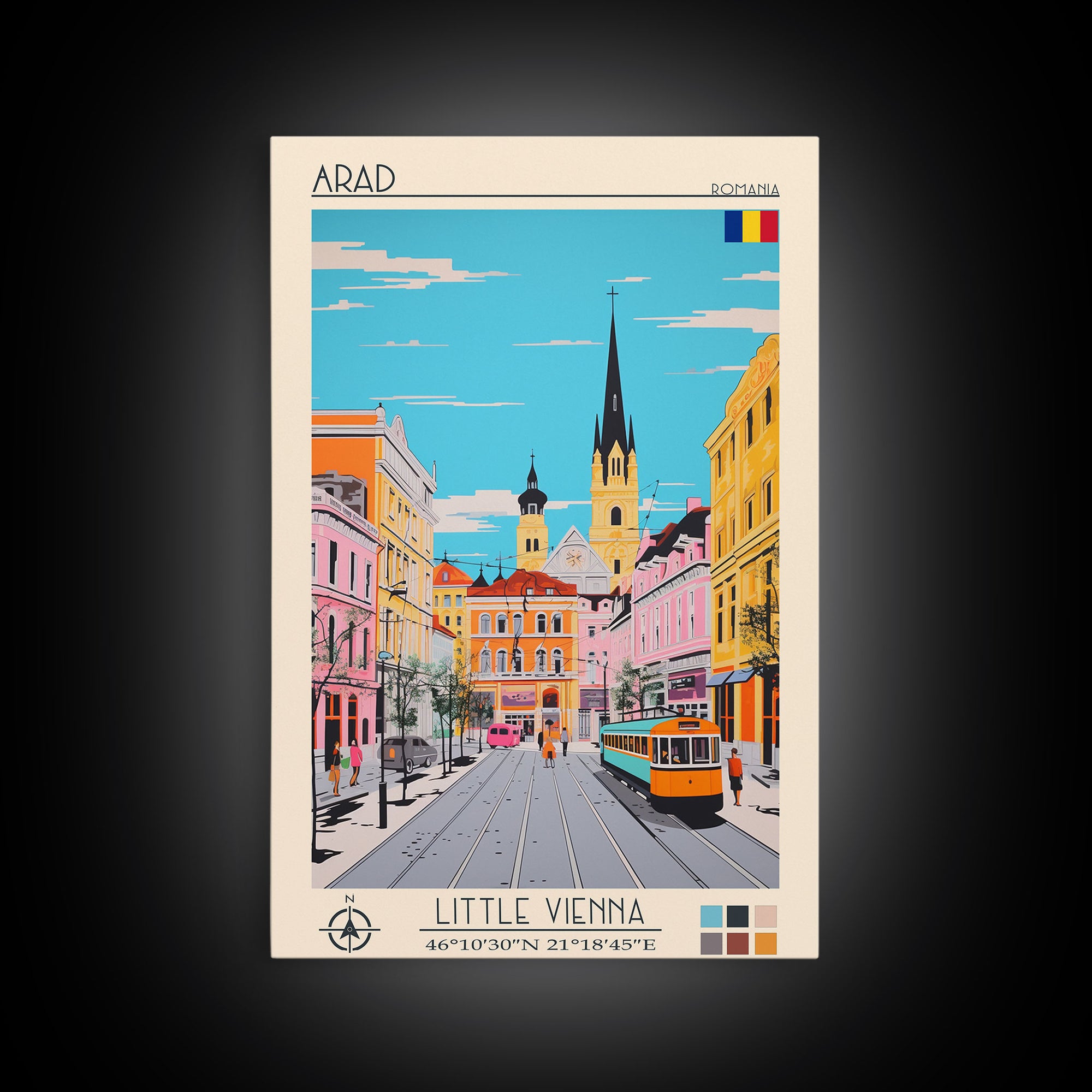 Arad Romania Travel Poster Framed Canvas Print, Midcentury Modern Art, Pop Art Wall Decor, Home Decor, Vacation Gift, Living Room Art