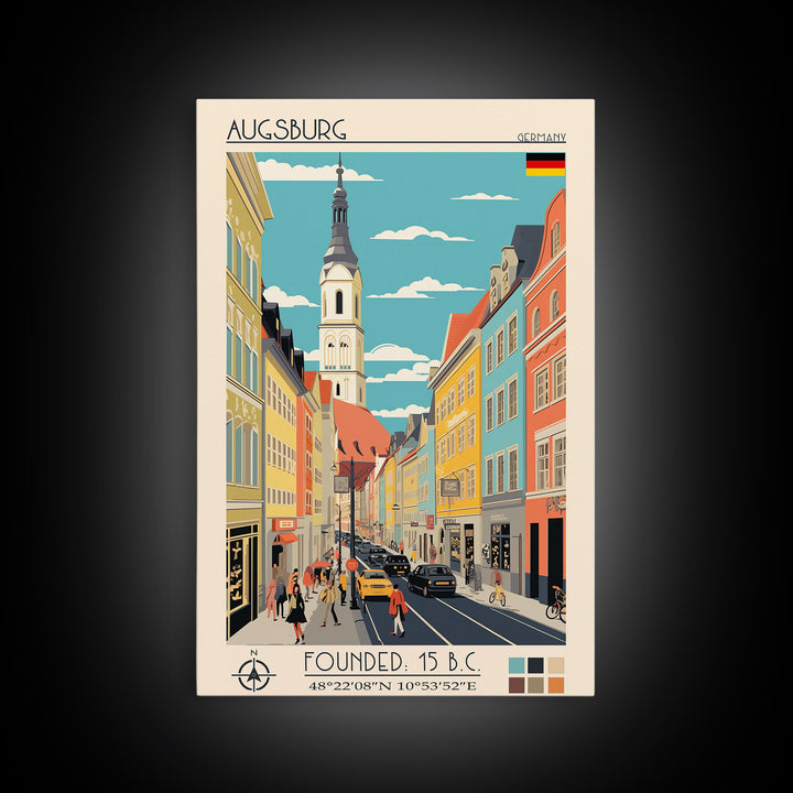 Augsburg Germany Travel Poster Framed Canvas Print, Midcentury Modern Art, Pop Art Wall Decor, Home Decor, Vacation Gift, Living Room Art