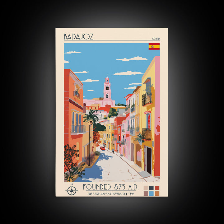 Badajoz Spain Travel Poster Framed Canvas Print, Midcentury Modern Art, Pop Art Wall Decor, Home Decor, Vacation Gift, Living Room Art